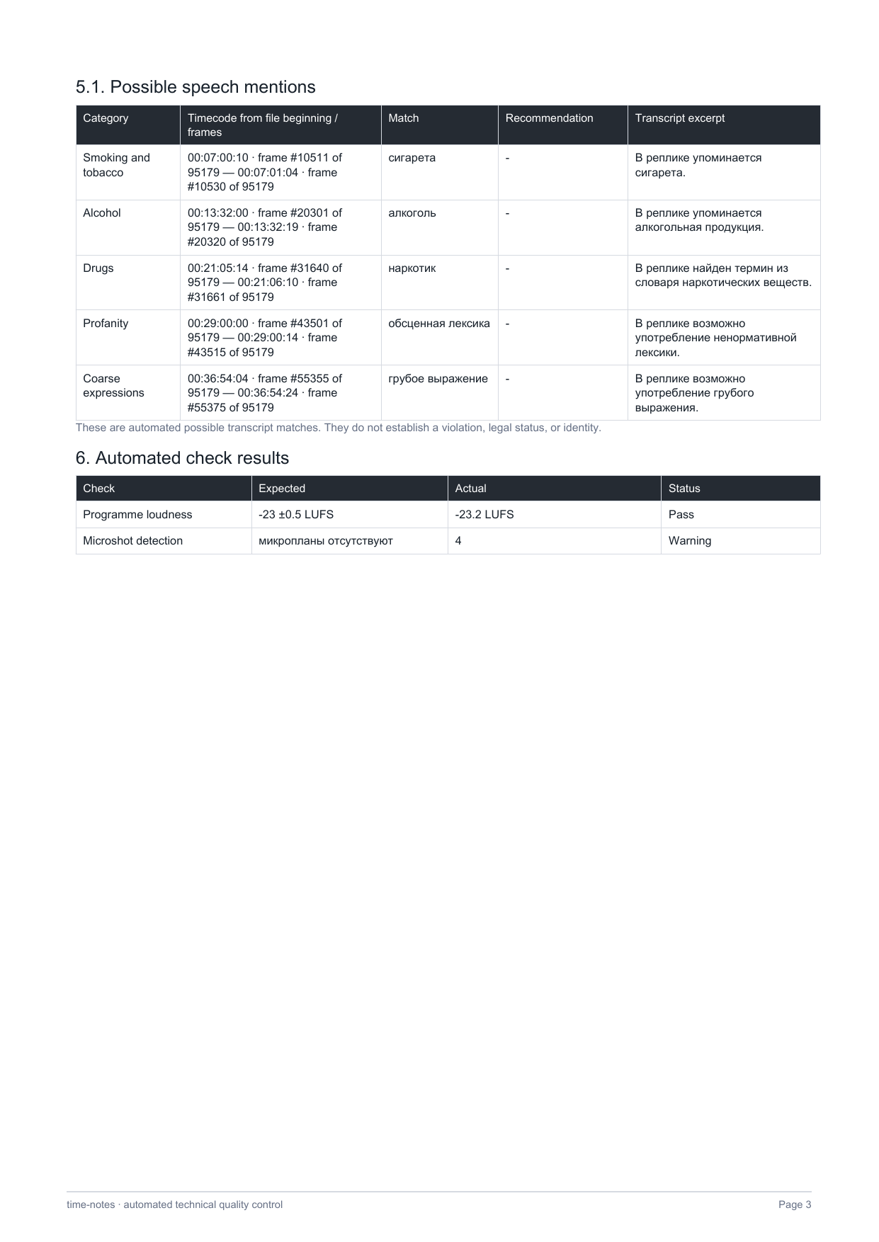 Page three: possible speech matches and recommendations