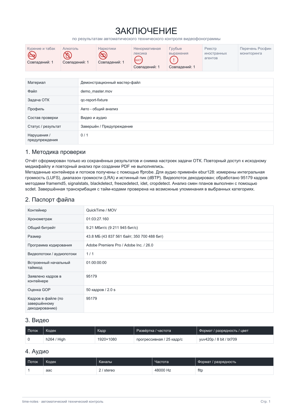Первая страница: итог, методика и паспорт файла